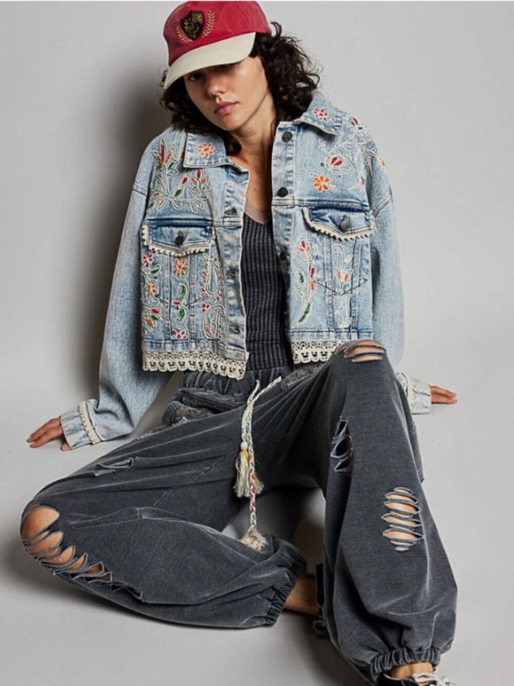 Floral Boho Beaded Embroidered Cropped Denim Jacket